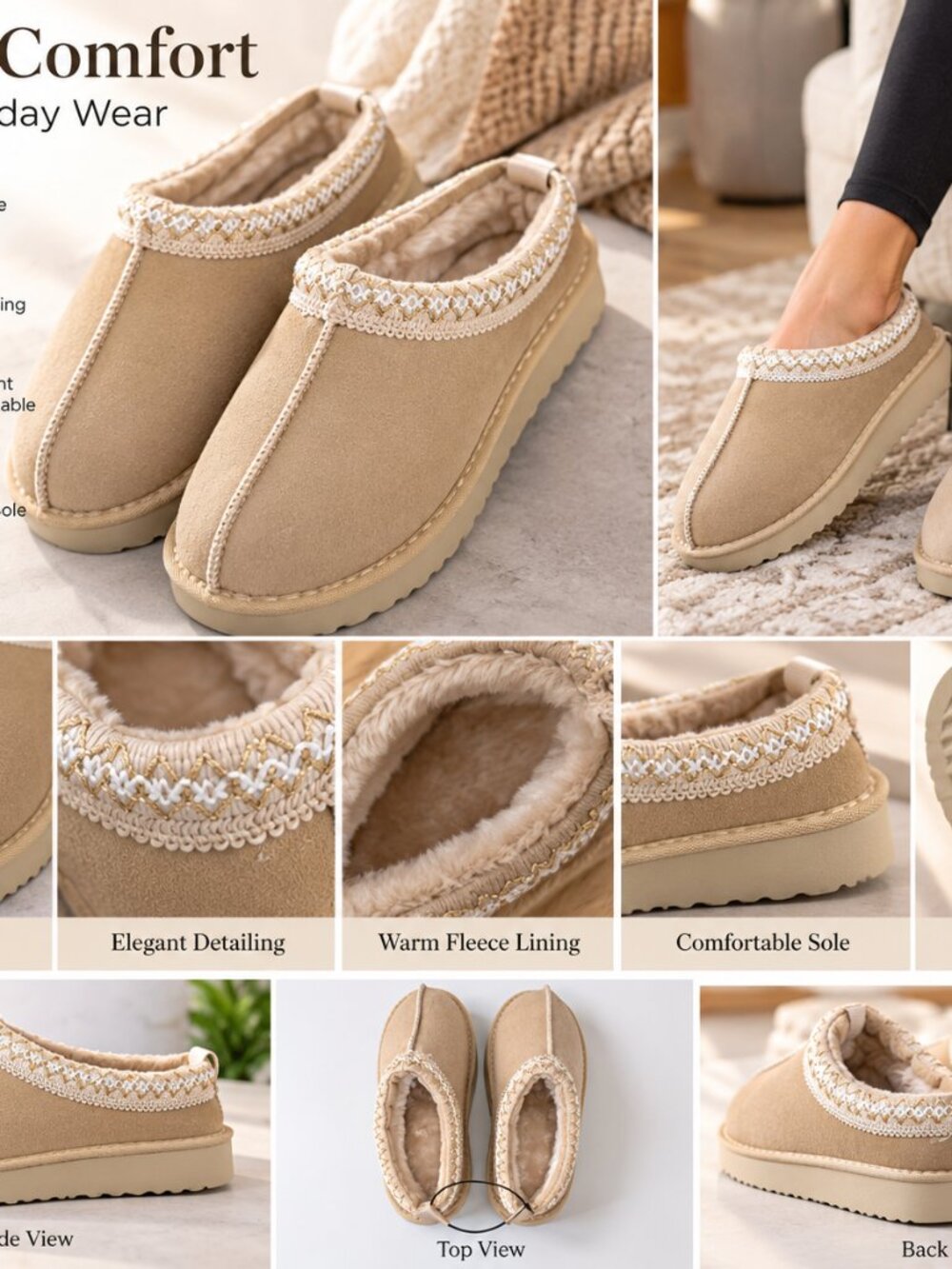 Cozy Beige Fleece Lined Slippers Soft Suede Look Women’s Indoor Shoes